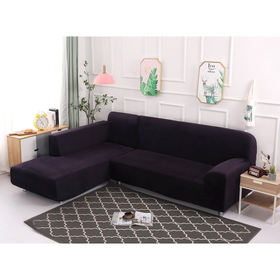 Topchances Thick Plush Sofa Covers for Sectional sofa L-shape Couch, 2pcs Polyester Fabric Stretch Slipcovers 3 seater(74"-90")  + 3 seater(74"-90")  with 2pcs Pillow Covers