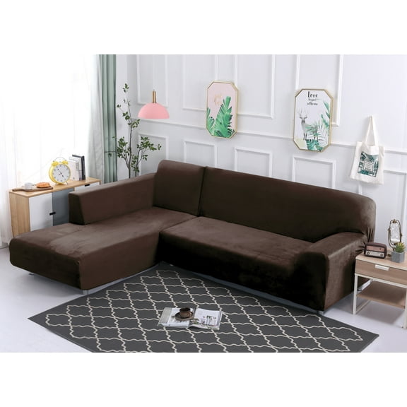 Topchances Thick Plush Sofa Covers for Sectional sofa L-shape Couch, 2pcs Polyester Fabric Stretch Slipcovers 3 seater(74"-90") + 3 seater(74"-90") with 2pcs Pillow Covers