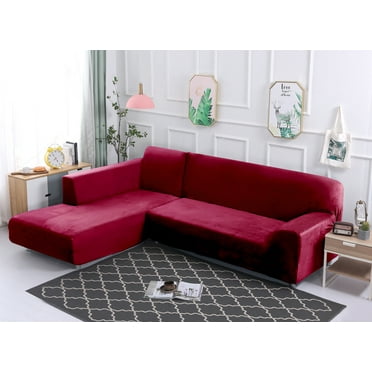 Topchances Thick Plush Sofa Covers for Sectional sofa L-shape Couch, 2pcs Polyester Fabric Stretch Slipcovers 3 seater(74"-90")  + 3 seater(74"-90")  with 2pcs Pillow Covers