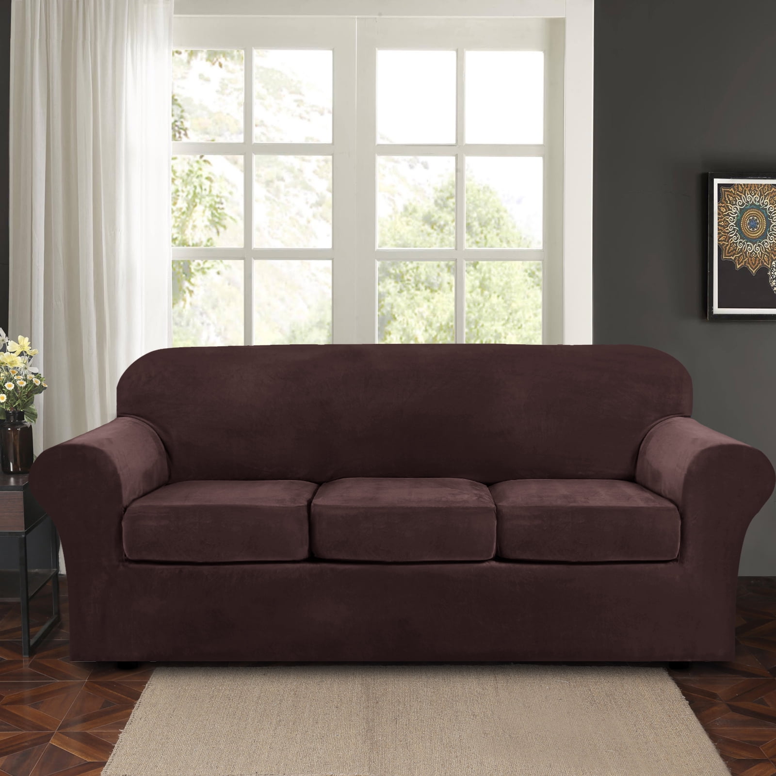 Topchances Stretch Non-Slip 4-Piece Polyester Velvet Sofa Slipcovers, Brown