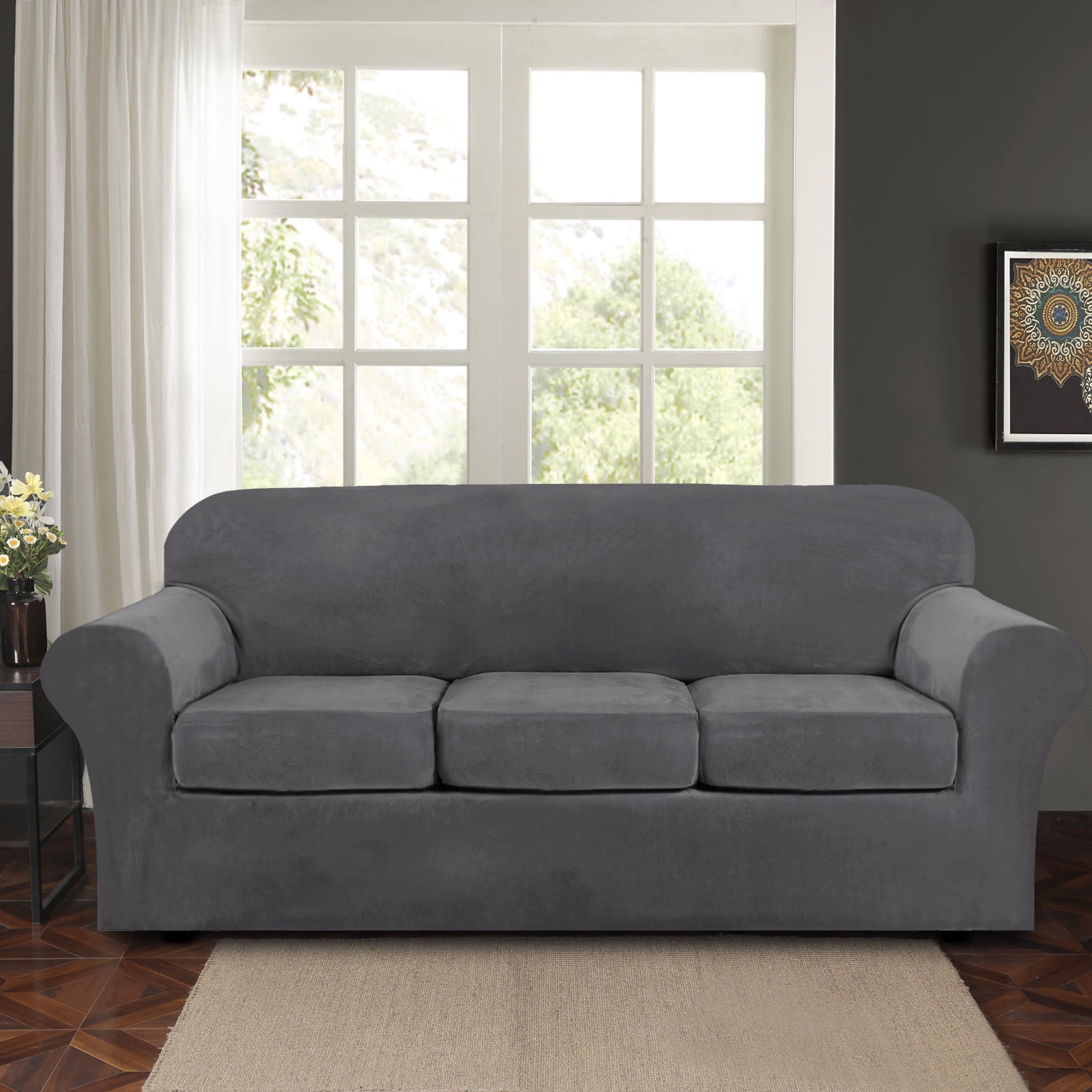 Topchances Velvet Plush 4 Piece Stretch Sofa Covers Couch Covers for 3 Cushion Couch 3 Seater Covers (Base Cover Plus 3 Individual Cushion Covers) Feature Thick Soft Stay in Place
