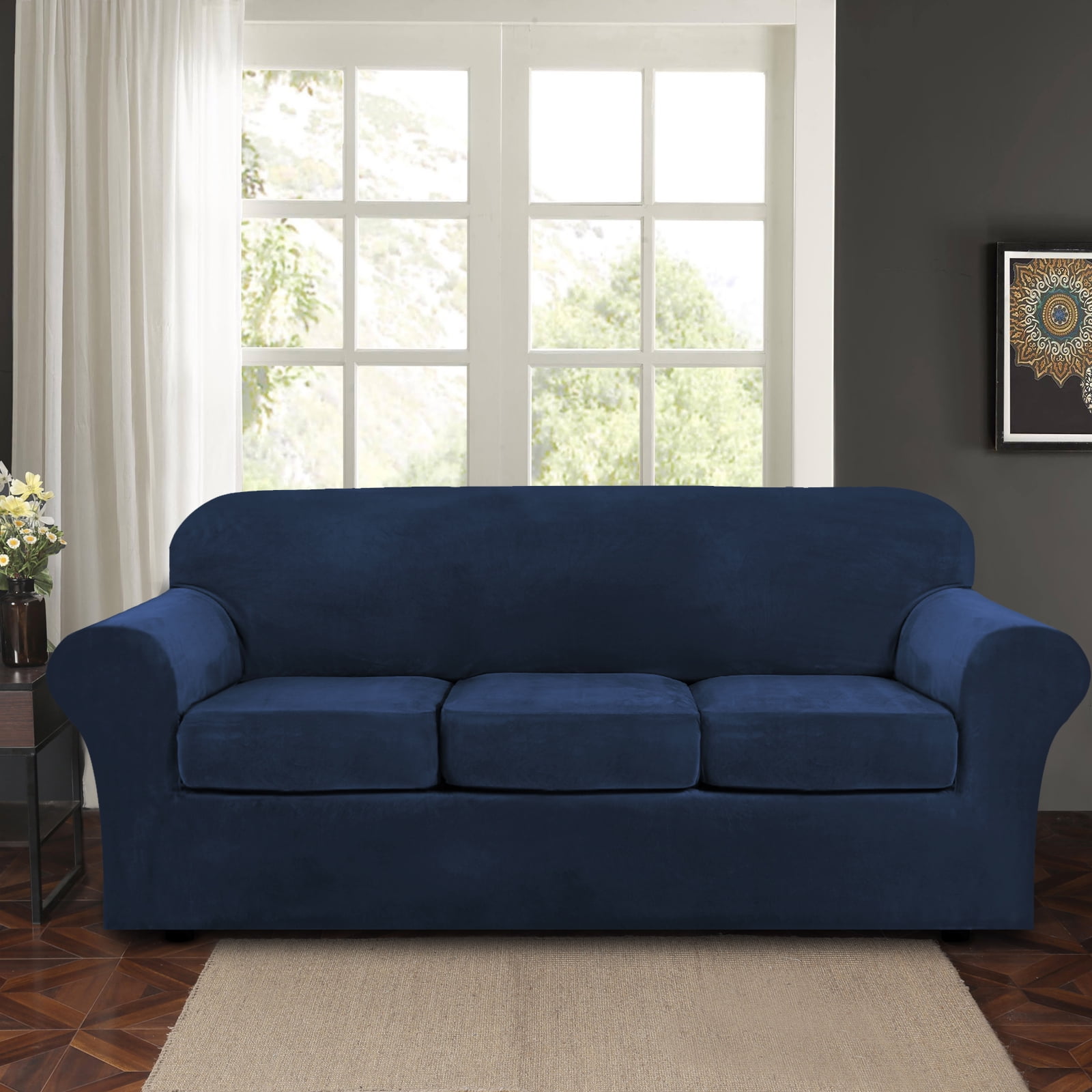Topchances Velvet Plush 4 Piece Stretch Sofa Covers Couch Covers for 3 Cushion Couch 3 Seater Covers (Base Cover Plus 3 Individual Cushion Covers) Feature Thick Soft Stay in Place