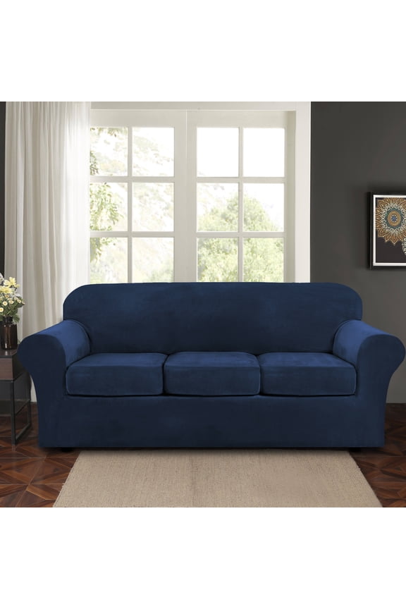 Velvet Plush 4 Piece Stretch Sofa Covers Couch Covers for 3 Cushion Couch 3 Seater Covers (Base Cover Plus 3 Individual Cushion Covers) Feature Thick Soft Stay in Place
