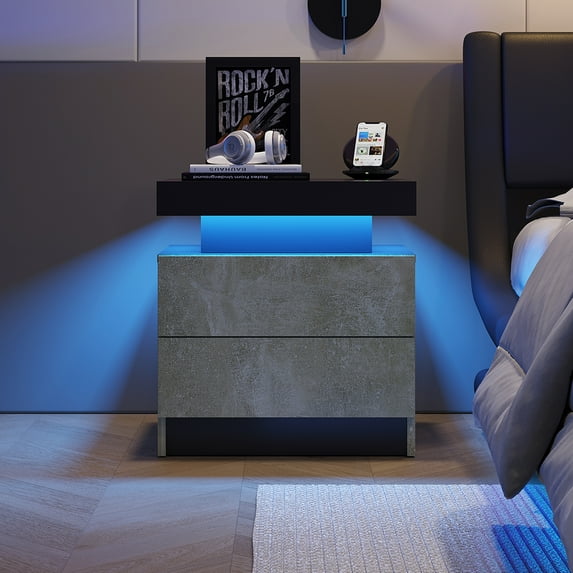 Topcobe 1 Pcs Nightstand LED Bedside Table Cabinet Lights, Modern End Side Table with 2 Drawers for Bedroom, Bedroom Furniture, Gray