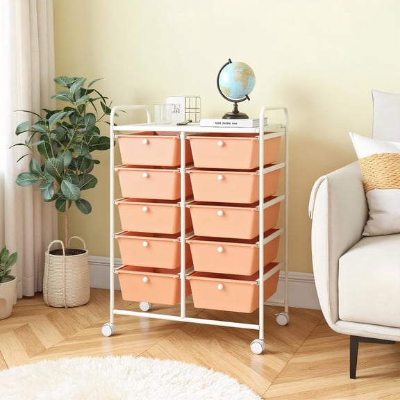 Topcobe 10-Drawer Rolling Storage Cart, Modern Furniture for Indoor-Peach