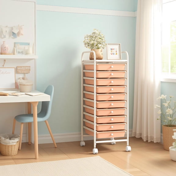 Topcobe 10 Drawer Rolling Storage Cart Organizer with 4 Universal Casters, Modern Furniture for Indoor-Cherry