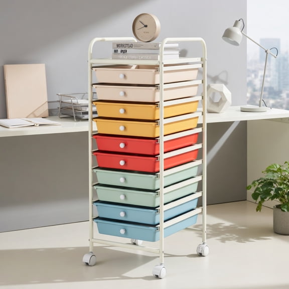 Topcobe 10 Drawer Rolling Storage Cart Organizer with 4 Universal Casters, Rolling Carts with Wheels for Kitchen, Living Room, Macaron Multicolor