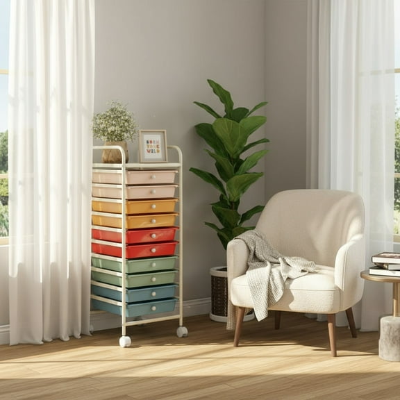 Topcobe 10 Drawer Rolling Storage Cart Organizer with 4 Universal Casters, Rolling Carts with Wheels for Kitchen, Living Room, Macaron Multicolor