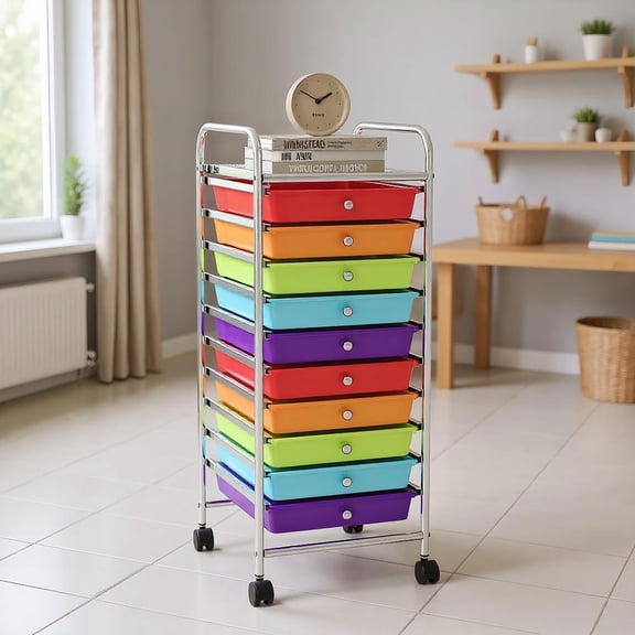 Topcobe 10 Drawer Rolling Storage Cart Organizer with 4 Universal Casters, Rolling Carts with Wheels for Kitchen, Living Room, Multicolor