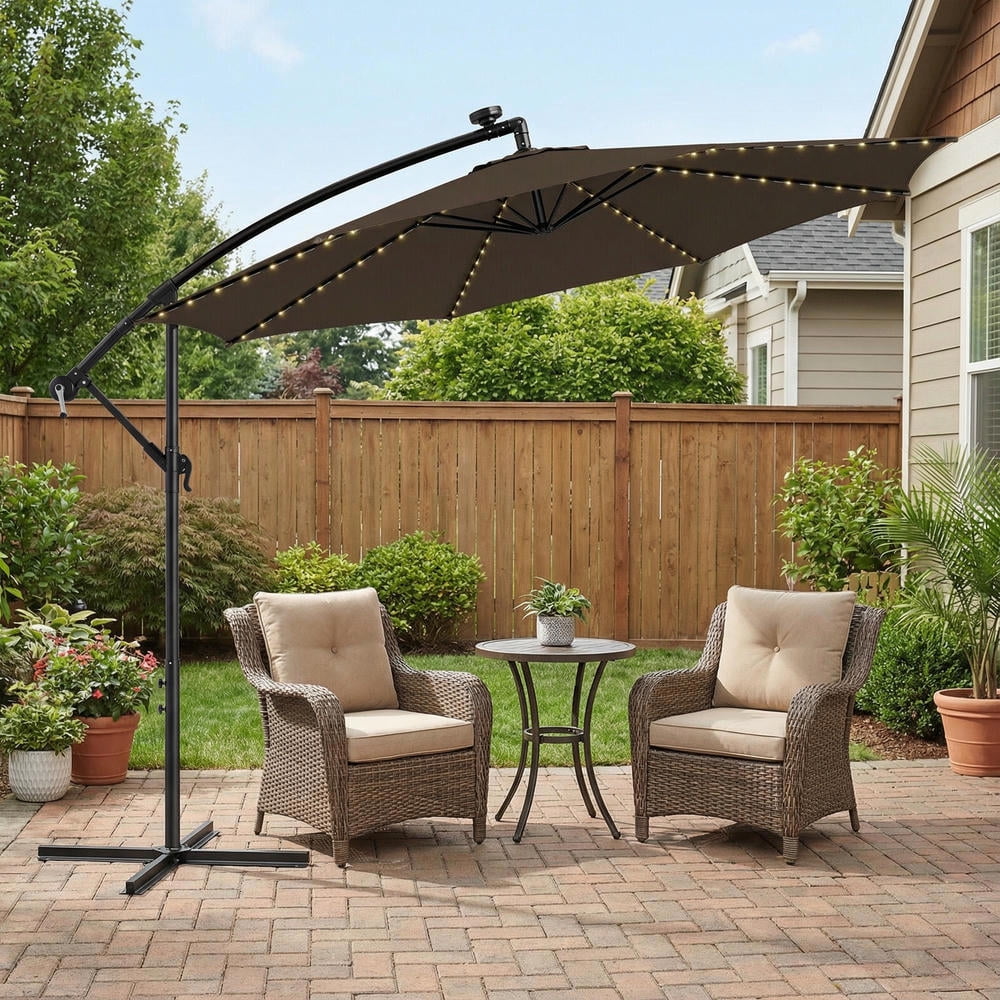 Topcobe 10 Feet Patio Offset Umbrella with 112 Solar-Powered LED Lights, Sunbrella  Patio Umbrellas, Coffee - Walmart.com