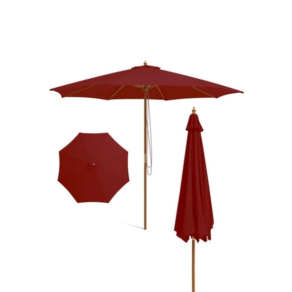 Topcobe 10 Feet Patio Umbrella with 8 Wooden Ribs and 3 Adjustable Heights, Outdoor Patio Table Umbrella for Garden Backyard Pool Deck-Wine