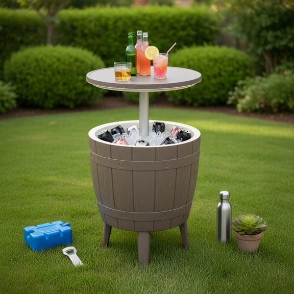 Topcobe 10 Gallon Cooler Bar Table Outdoor Coffee Table Ice Bucket with Telescopic Tabletop for Beer and Wine, Outdoor Camping Bar Table-Brown