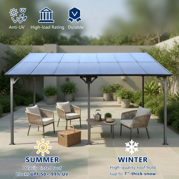 Topcobe 10 ft x 14 ft Wall-Mounted Lean-to Pergola Patio Canopy, Canopy Pergolas, Heavy-Duty Powder-Coated Steel Outdoor Awning with Polycarbonate Roof, Weather-Resistant for Patio,Backyard