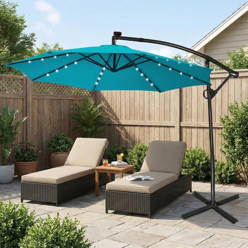 Topcobe 10FT 360° Rotation Solar Powered LED Patio Offset Umbrella, Table Umbrella Outdoor Patio, Turquoise