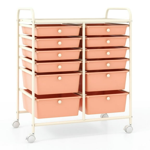 Topcobe 12-Drawer Rolling Storage Cart with Removable Drawers and Lockable Wheels, Modern Furniture for Indoor-Peach