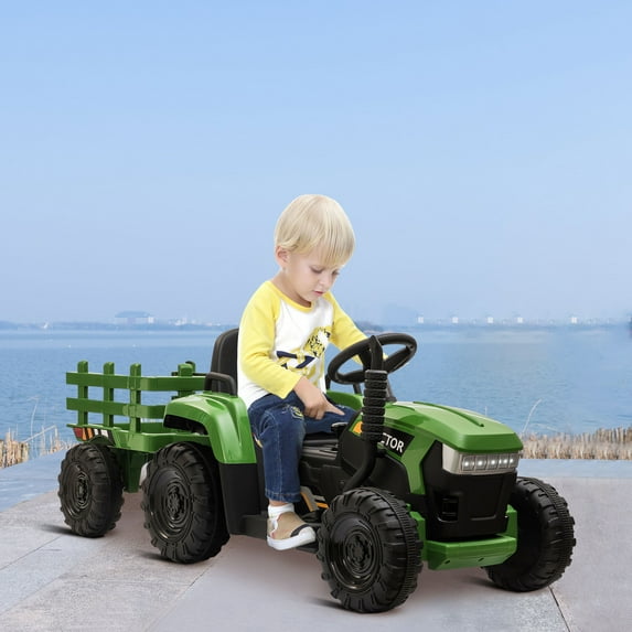 Topcobe 12V Battery-Powered Toy Tractor with Trailer and 35W Dual Motors, 3-Gear-Shift Ground Loader Ride On with LED Lights and USB Audio Functions, Dark Green
