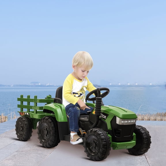 Topcobe 12V Battery-Powered Toy Tractor with Trailer and 35W Dual Motors, 3-Gear-Shift Ground Loader Ride On with LED Lights and USB Audio Functions, Dark Green