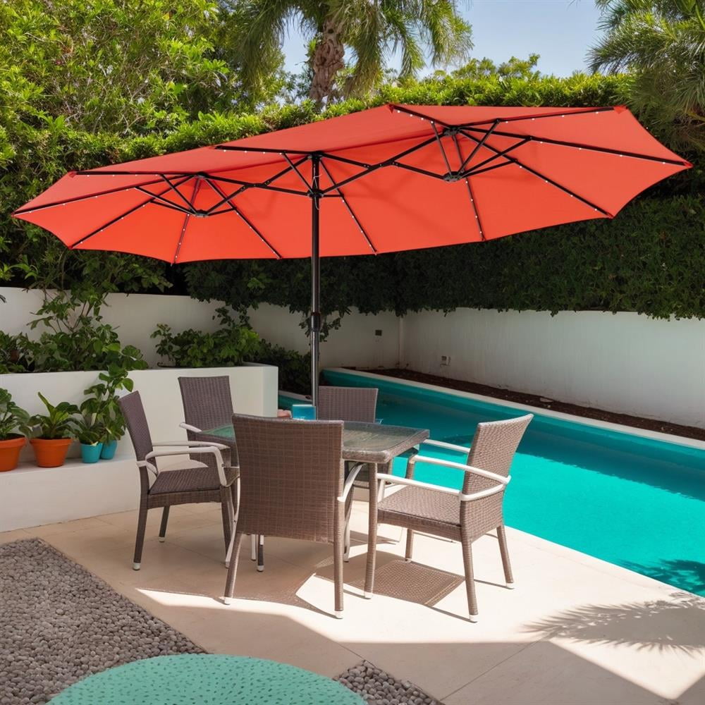 Topcobe 15 Feet Twin Patio Umbrella with 48 Solar LED Lights, Outdoor Umbrellas for Patio, Orange
