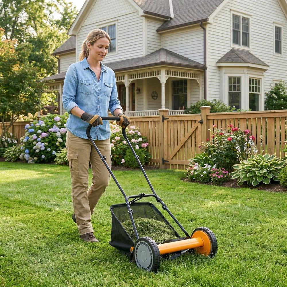 Topcobe 16 Inch Push Lawn Mower with 5 Steel Blades and Grass Catcher Bag, Push Lawn Mower, Push Lawn Sweeper-Orange