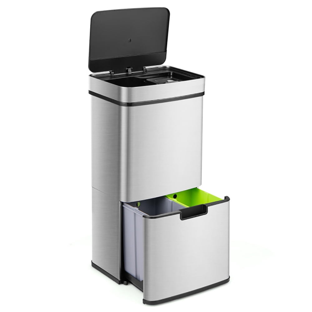 Topcobe 19 Gal Stainless Steel Trash Can with Kitchen Waste Bin and 2 Bottom Recycling Bins for Kitchen Living Room Office, Sliver Topcobe 19 Gal Stainless Steel Trash Can with Kitchen Waste Bin and 2 Bottom Recycling Bins for Kitchen Living Room Office, Sliver