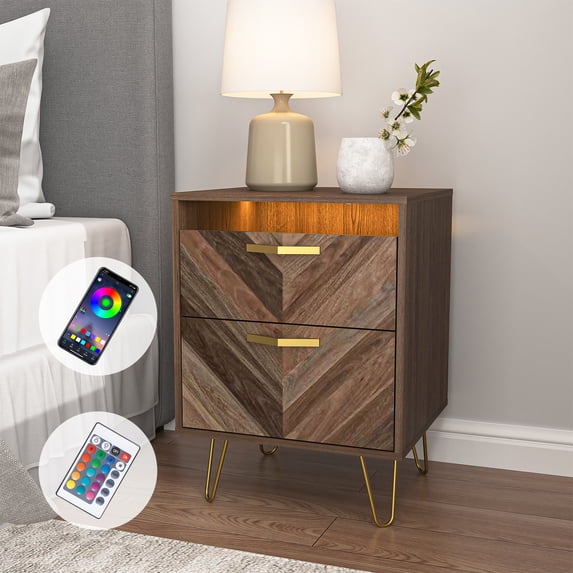 Topcobe 1Pcs Nightstand 2 Drawer for Bedroom, Small Night Stand End Table Modern, Sofa Side Table with 16 Color Remote Control Lights for Living Room, Brown