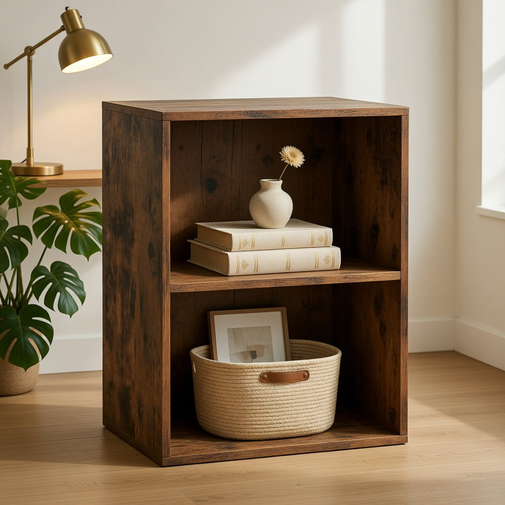 Topcobe 2-Cube Bookcase Floor Standing Open Bookshelf with 5-Position Adjustable Shelf, Corner Bookshelf, Storage Shelf, Book Organizer-Brown