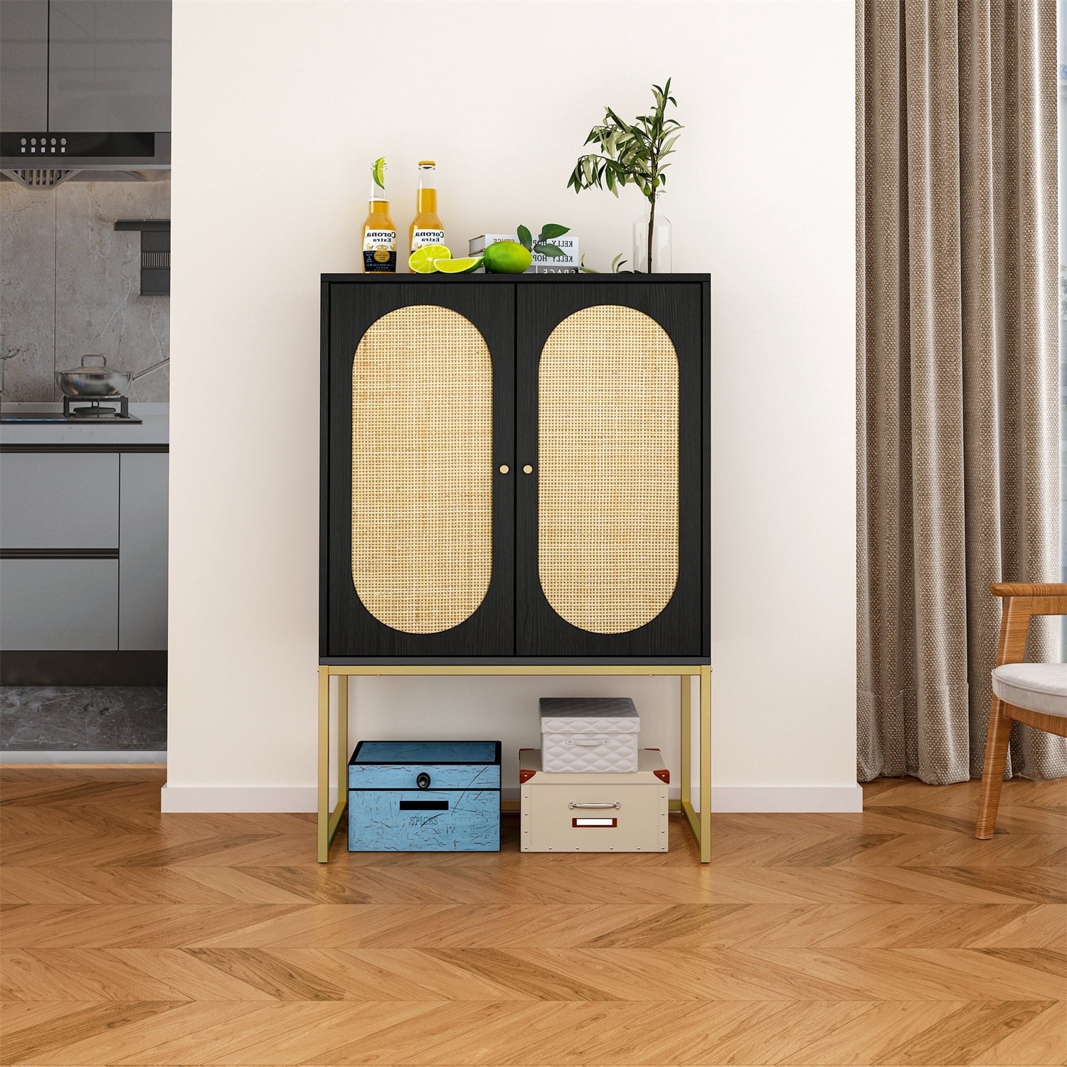 Topcobe 2 Door High Cabinet with Adjustable Shelf, Free Standing Cabinet with Natural Rattan Bark Decor, Black Topcobe 2 Door High Cabinet with Adjustable Shelf, Free Standing Cabinet with Natural Rattan Bark Decor, Black