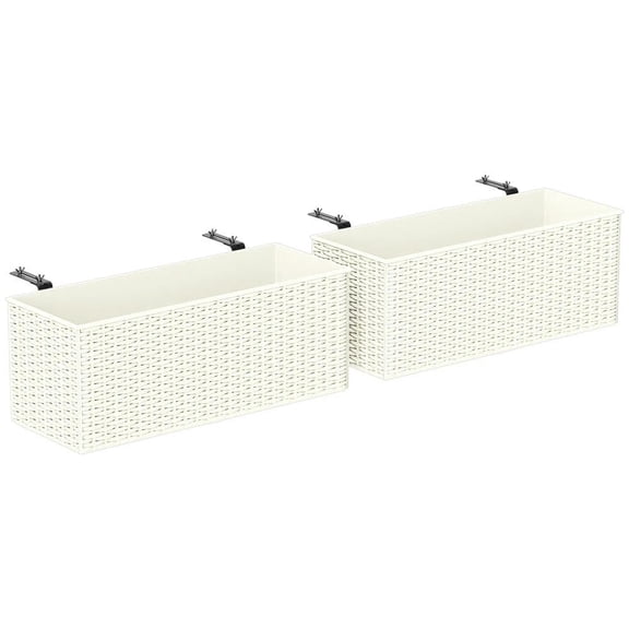 Topcobe 2 Pack 20 Inch Railing Flower Pots, Self-Watering Hanging Planter Box for Fence, Garden, Outdoor Garden Box, Rattan Look, White