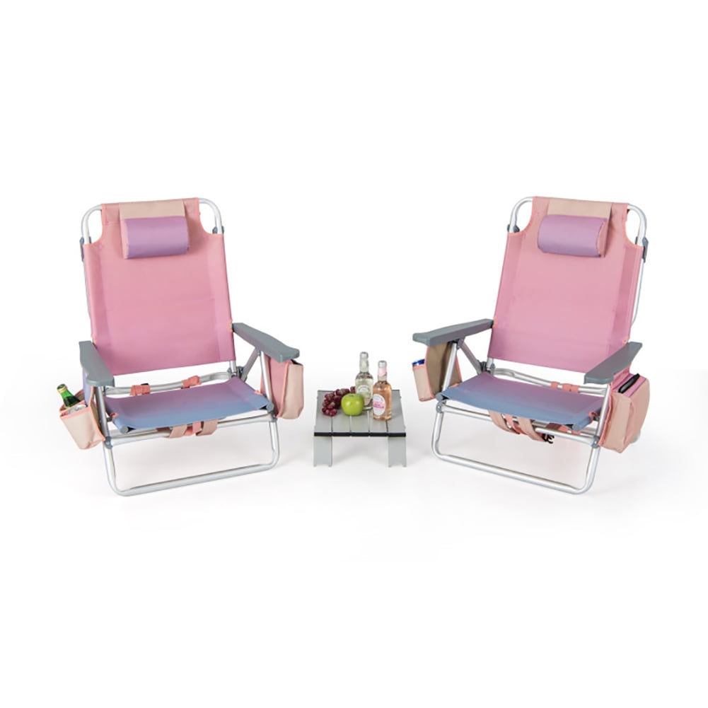 Topcobe 2 Packs 5-Position Outdoor Folding Backpack Beach Table Chair Reclining Chair Set, Outdoor Patio Furniture, Pink