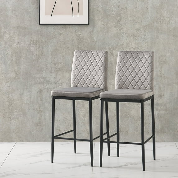 Topcobe 2 Pcs Velvet Diamond Grid Pattern Bar Chairs, Set of 2 Modern Bar Height Bar Stools with Back & Metal Legs, Light Gray