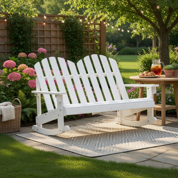 Topcobe 2 Person Adirondack Rocking Chair with Slatted seat, Toddler Living Room Chair-White