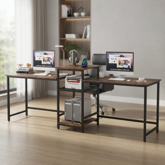 Topcobe 2-Person Computer Desk with Power Outlet and Printer Stand, Modern Furniture for Indoor-Rustic Brown