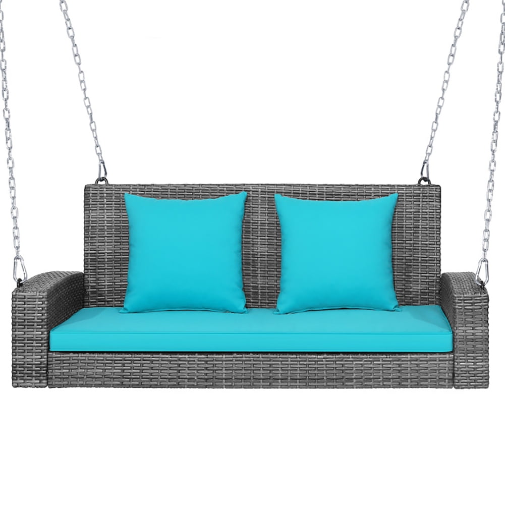 Topcobe 2-Person Patio PE Wicker Hanging Porch Swing Bench Chair Cushion 800 Pounds, Outdoor Patio Furniture, Turquoise