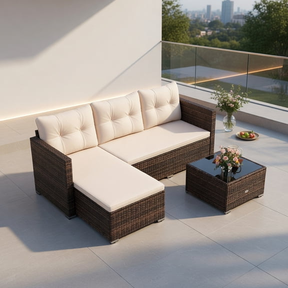 Topcobe 2-Piece Outdoor Wicker Furniture Set with Tempered Glass Coffee Table and Soft Cushions, Outdoor Patio Furniture for Garden Backyard Pool Deck-Beige