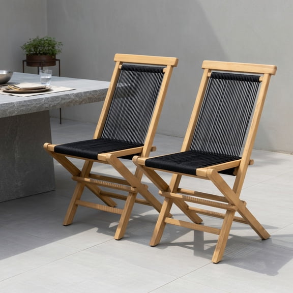 Topcobe 2 Piece Teak Patio Folding Chairs with Woven Rope Seat and Back, Outdoor Patio Furniture for Garden Backyard Pool Deck