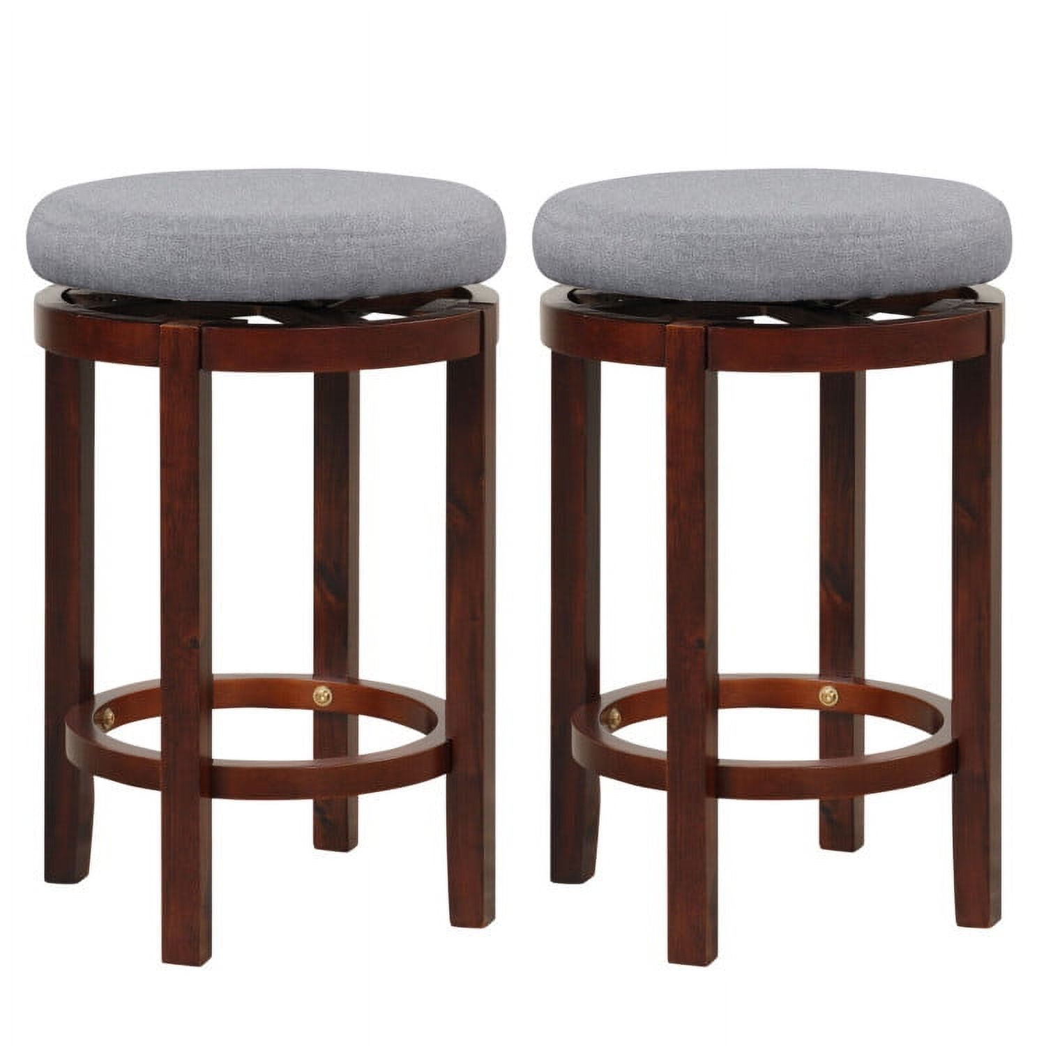 Gray Upholstered Swivel Backless Wooden Bar Stools, Set of 2