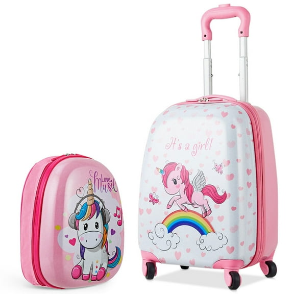 Topcobe 2 Pieces Kids Luggage Set 12" Backpack and 16 Inch Kid Carry on Suitcase with Wheels, Suitcase for Kids, Pink