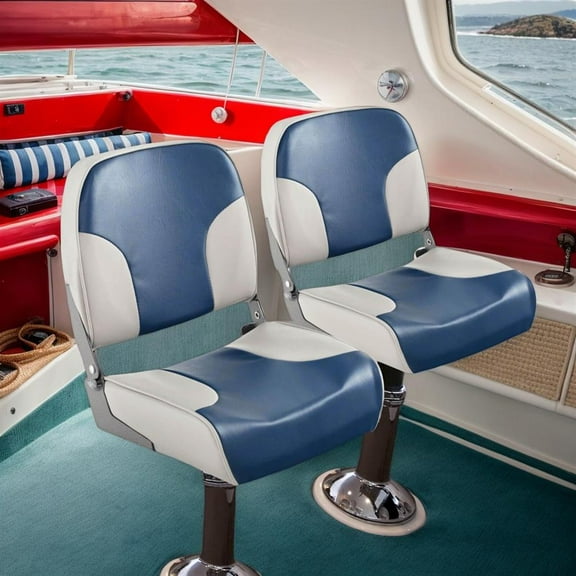 Topcobe 2 Pieces Low Back Boat Seat Set with Sponge Padding and Aluminum Hinges, Waterproof Fishing Captain Boat Seats, Blue
