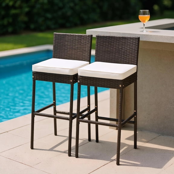 Topcobe 2 Pieces Patio Cushioned Wicker Barstools with Cozy Footrest-Set of 2, Outdoor Deck Furniture