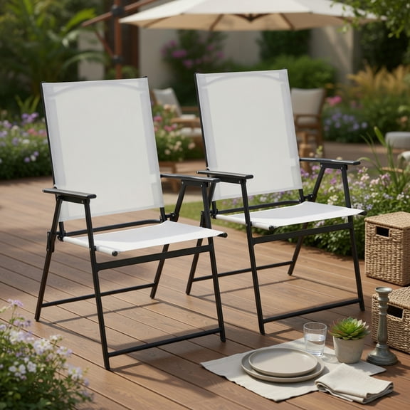 Topcobe 2 Pieces Patio Folding Chairs with Armrests for Deck Garden Yard, Outdoor Patio Furniture for Garden Backyard Pool Deck-White