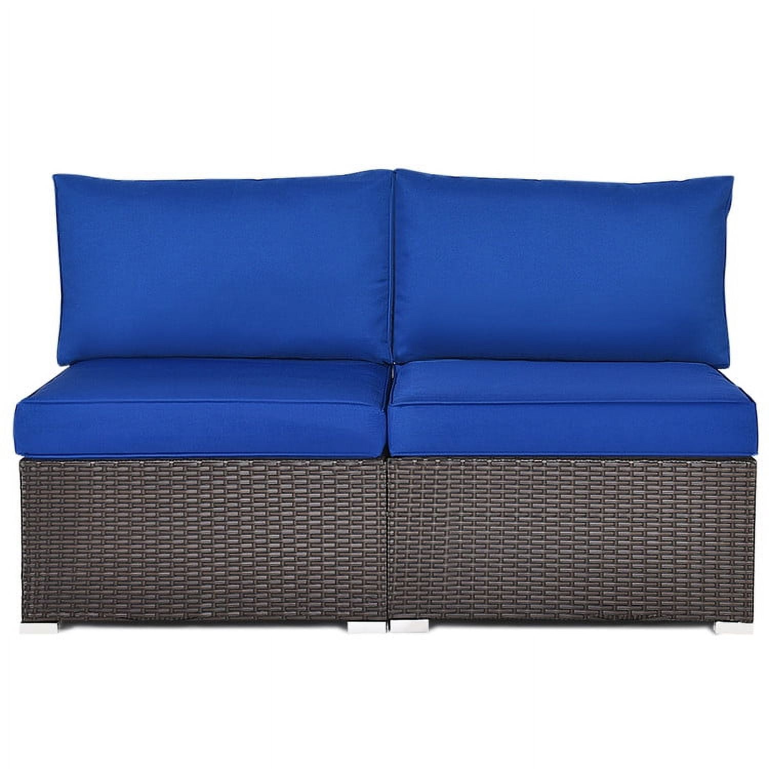 Topcobe 2 Pieces Patio Rattan Armless Sofa Set with 2 Cushions and 2 Pillows, Outdoor Deck Furniture, Navy