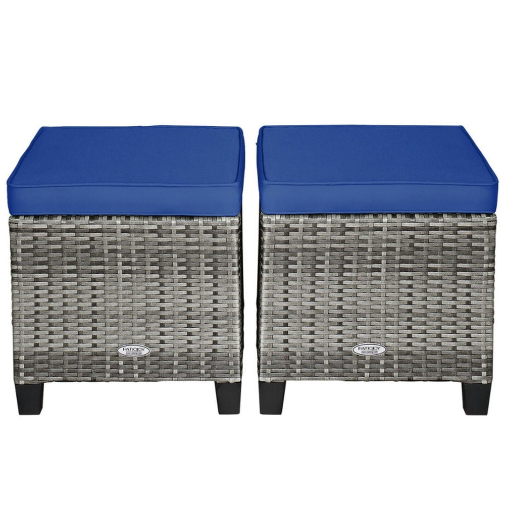Topcobe 2 Pieces Patio Rattan Ottoman Seat with Removable Cushions, Outdoor Patio Furniture-Navy Topcobe 2 Pieces Patio Rattan Ottoman Seat with Removable Cushions, Outdoor Patio Furniture-Navy