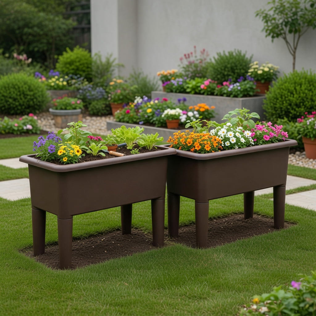 Topcobe 2 Pieces Raised Garden Beds Self-Watering Planter Box with Detachable Legs and Drainage Hole, Garden Boxes Outdoor Raised, Coffee