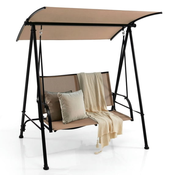 Topcobe 2-Seat Outdoor Canopy Swing with Comfortable Fabric Seat and Heavy-duty Metal Frame, Outdoor Patio Furniture for Balcony Garden Backyard -Beige