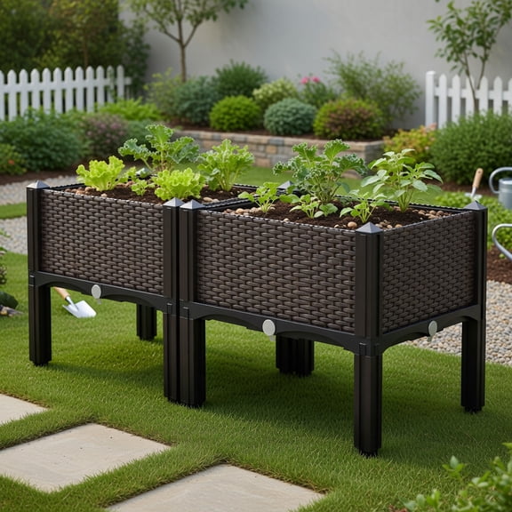 Topcobe 2 Set Elevated Plastic Raised Garden Bed Planter Kit for Flower Vegetable Grow, Planter Box Raised Garden Beds Outdoor with Legs, Brown