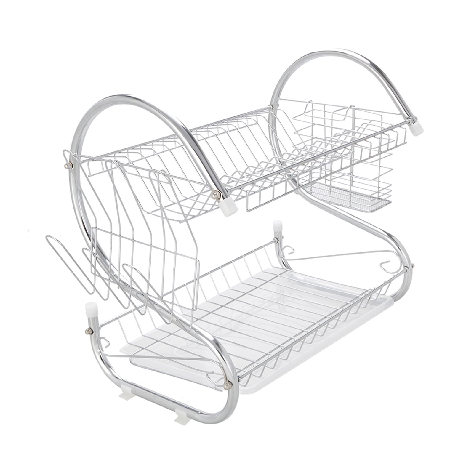 Silver 2-Tier Stainless Steel Dish Drying Rack with Utensil Cup
