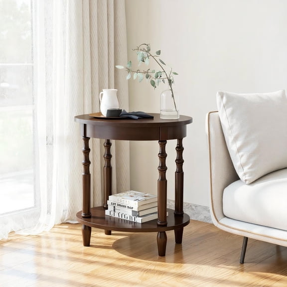 Topcobe 2-Tier Oval Side Table with Storage Shelf and Solid Wood Legs, End Tables Bedroom, Small Sofa Side Table for Living Room, Brown