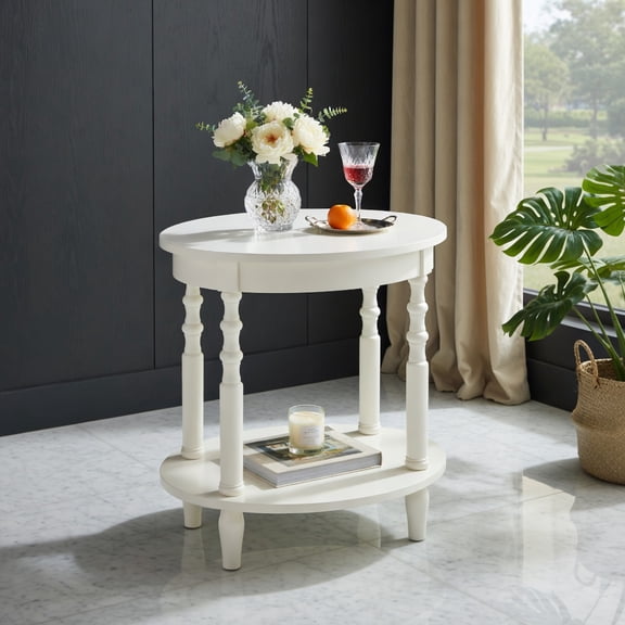 Topcobe 2-Tier Oval Side Table with Storage Shelf and Solid Wood Legs, End Tables Bedroom, Small Sofa Side Table for Living Room, White