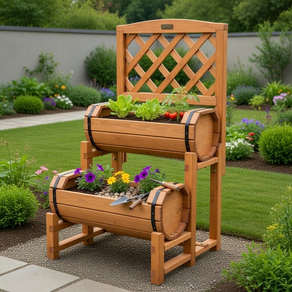 Topcobe 2-Tier Raised Garden Bed with 2 Cylindrical Planter Boxes and Trellis, Planter Boxes for Garden Yard, Orange