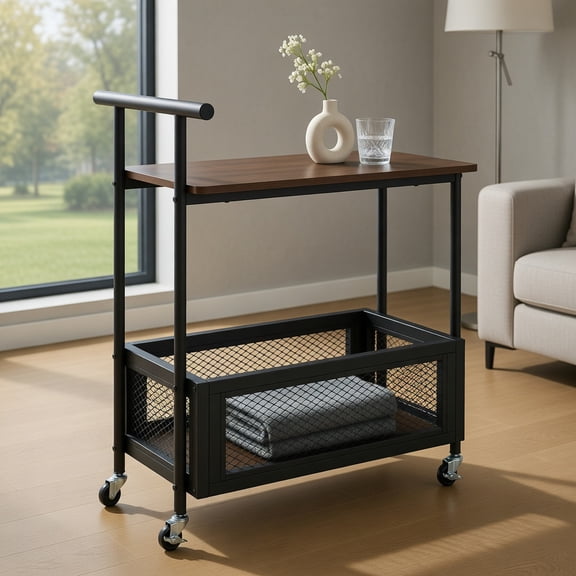 Topcobe 2-Tier Rolling End Table with Handle and Mesh Basket, Narrow Console Table, Modern Furniture for Living Room-Rustic Brown